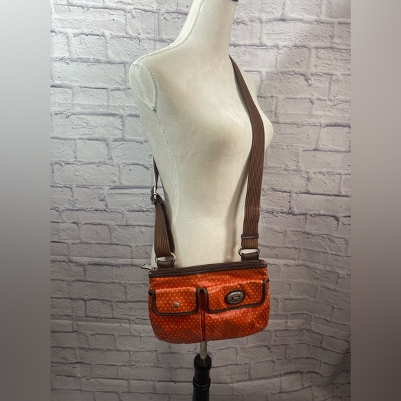 Womens Handbag‎ - Fossil 10in X 8in Orange Polka Dot Satchel Key-Per Purse - Picture 1 of 12